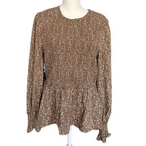 XL Blouse Boho Chic Smocked Puff Sleeve Babydoll Ruffle Hem Floral Empire Waist